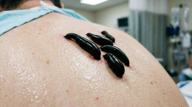 Leech attached to human skin. Medicinal leech therapy on back. Healing procedure with annelids for blood circulation improvement. Alternative medicine research, medical practice concept.