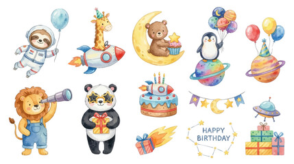 Fototapeta premium Cute watercolor space birthday clipart set with animals, rockets and festive cosmic elements. Collection of Vector illustrations for invitation, card, poster, banner, decoration 