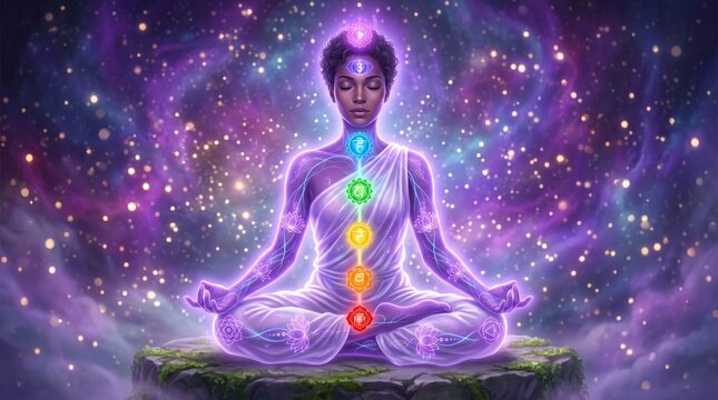 Meditation Figure with Seven Chakras in Lotus Pose Vector, Spiritual Energy Alignment and Healing Yoga Concept Illustration on Nebula Background