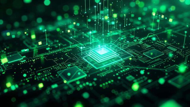Futiristic computer processor sending signals through a glowing green circuit board