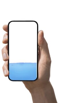 Person holding smartphone with water sloshing inside the screen, blue waves, bubbles, and fresh liquid motion.