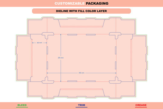 Flat dieline template for display tray box with auto lock bottom, featuring dimensions, bleed, trim, and crease lines in format