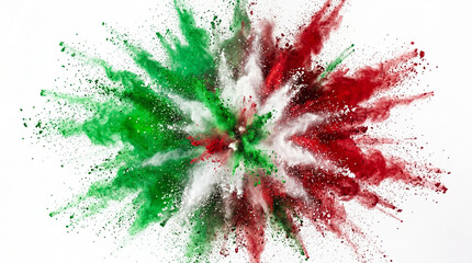 Explosion of green white and red powder paint on white background.