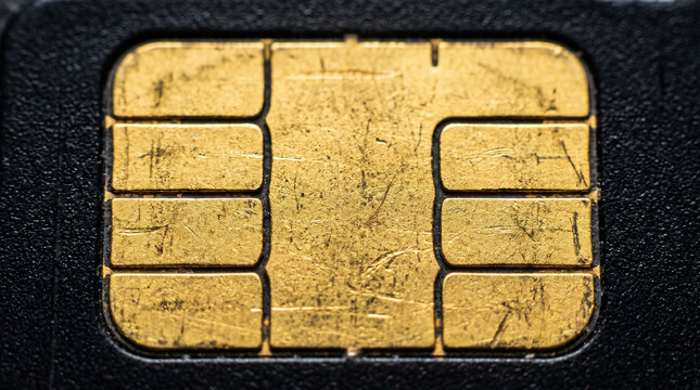 Extreme macro close-up of a gold microchip on a smart card.