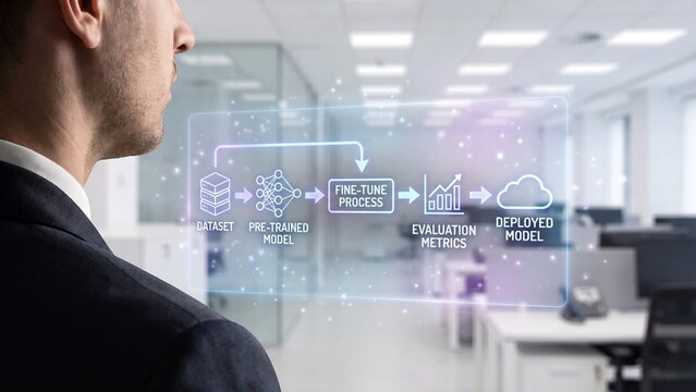 Machine learning model workflow concept with businessman viewing futuristic diagram showing dataset, pre-trained model, fine tuning, evaluation metrics and deployment process