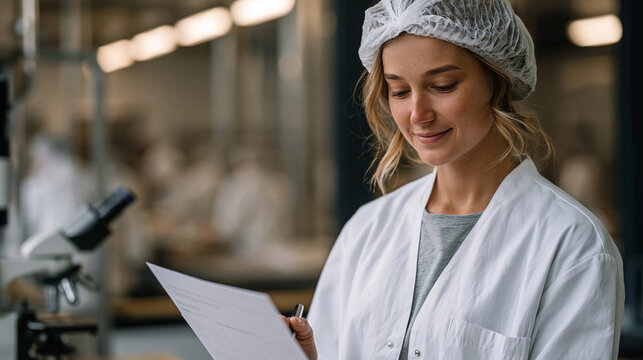 Industrial food scientist in hairnet and lab coat examines ultra processed ingredient deck under laboratory magnification equipment, crowded food processing facility visible
