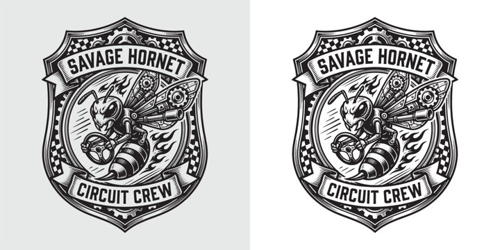 Savage Hornet circuit crew racing badge with mascot driver