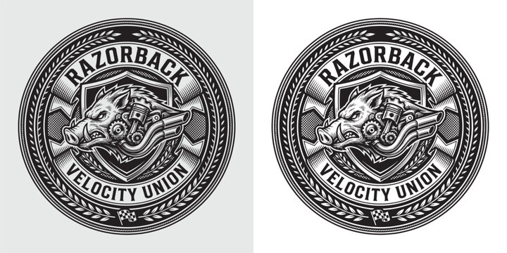 Razorback Velocity Union circular racing emblem with boar mascot
