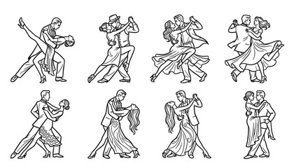 Fototapeta premium Elegant Ballroom Dance Couple Collection Romantic Dancing Vector Illustration Set 