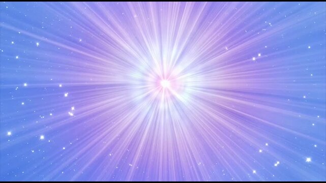 Bright white light rays burst outward from a central glow surrounded by soft purple hues and scattered light particles.