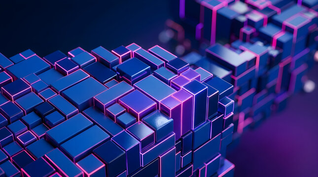 Abstract 3d background with a cluster of blue cubes and glowing pink edges representing digital data and technology