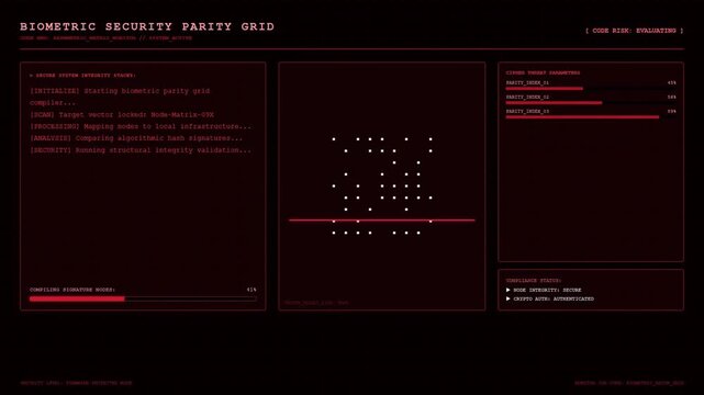 Biometric Security Parity Grid System Active Asymmetric Matrix Monitor Cipher Threat Evaluation Animation.