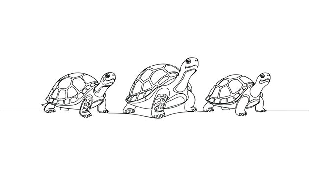 Continuous Simple black line art drawing set of turtle in a minimalist style on a white background.