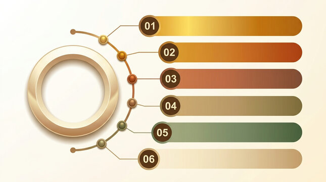 Professional business infographic with 6 steps, numbered process diagram for corporate presentations, elegant timeline chart with circular central element