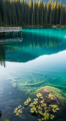 Obraz premium Clear turquoise lake with submerged logs and a wooden pier, reflecting lush green forest, symbolizing nature's serenity and tranquility
