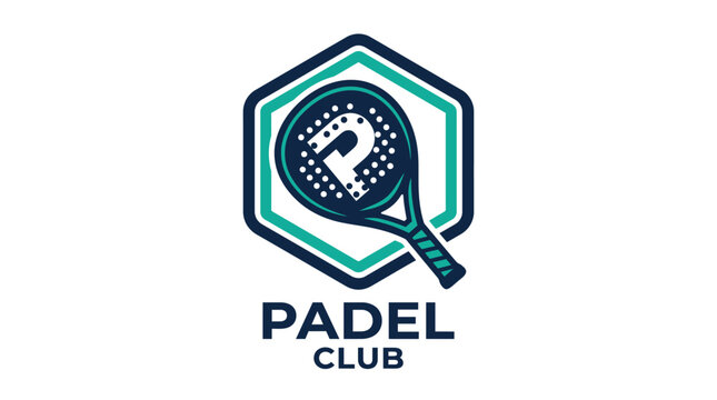 Dynamic vector logo for a padel club showcasing a racket and ball within a modern hexagonal badge