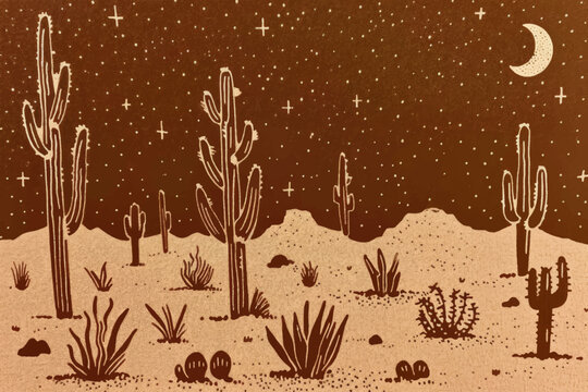 Western tribal vintage style mojave desert night landscape, minimalist style, surreal and mysterious tone. Vector.