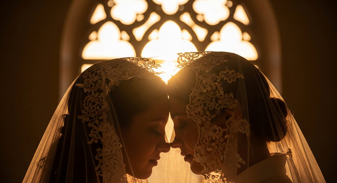 Two women touch foreheads, faces veiled in lace, with a glowing window behind, symbolizing unity, tenderness, and sacred union