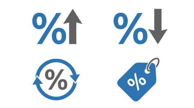 Percent icons with up down arrows circular symbol and price tag