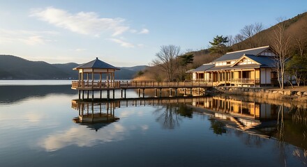 Obraz premium Serene lakeside retreat with traditional Japanese architecture and tranquil reflections.