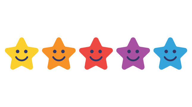 Five colorful smiling star icons isolated on white background
