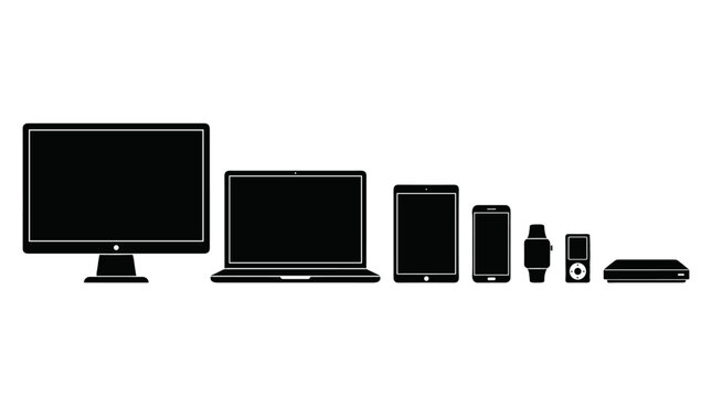 Black electronic device set with monitor laptop tablet phone watch