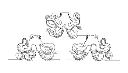 Continuous Simple black line art drawing set of octopus in a minimalist style on a white background. © shoshi