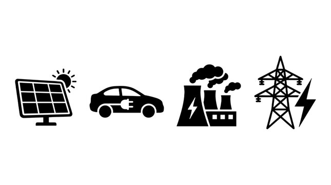 Electricity and energy icon set with solar panel and power grid
