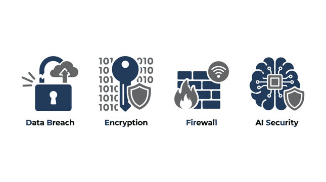 Cybersecurity solid icon set with data breach and encryption