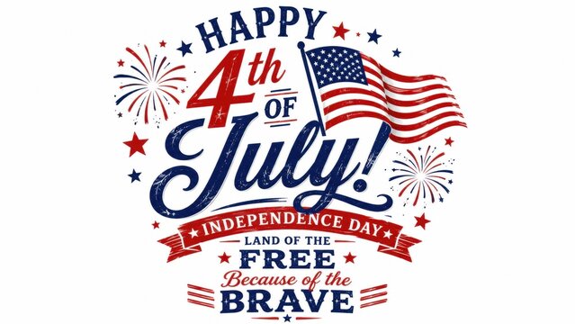Vintage Happy 4th of July Independence Day typography, American flag with fireworks and stars, patriotic Land of the Free because of the Brave design