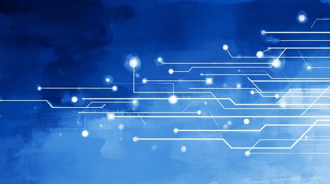 Technology background with glowing circuits and particles on dee