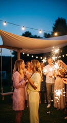 Fototapeta premium Couple celebrating with sparklers outdoors at dusk, surrounded by friends and string lights, signifying joy, togetherness, and celebration