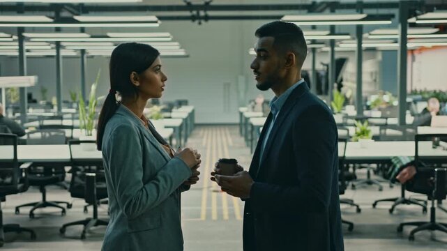 Focused Young Asian Woman And Man Engaged In Discussion, Holding Coffee Cups While Standing In Modern Office Setting, Looking At Each Other, Collaborating On Business Ideas. Business Concept.