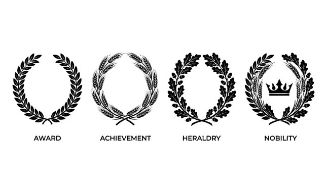 Black laurel, wheat and oak wreath silhouette vector set
