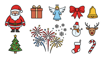 Obraz premium Christmas holiday line icon collection with festive colored symbols