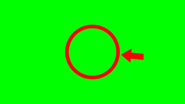 Red circle outline and arrow pointer element on green screen background for video editing assets