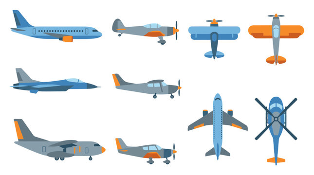 Set of airplane icons in flat vector style on white background