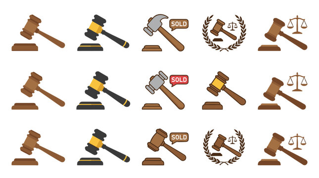 Set of gavel and auction law flat vector icons