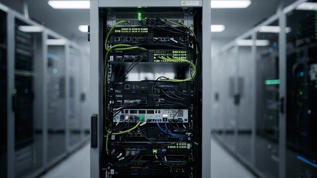 Backup site for algorithmic trading servers featuring a central rack in crisp detail ambient light highlighting active data processes while peripherals remain blurred.