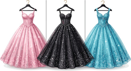 Beautiful vector illustration of sparkly ball gowns on hangers including pink black and blue glittery evening prom dresses © MdAtiar