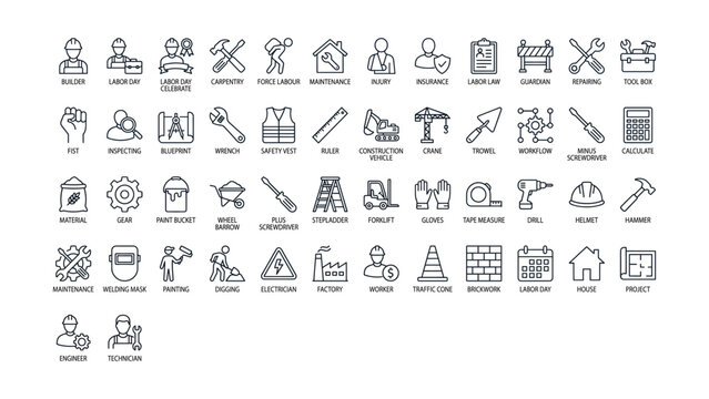 Collection of construction and labor related outline icons representing various professions and tools