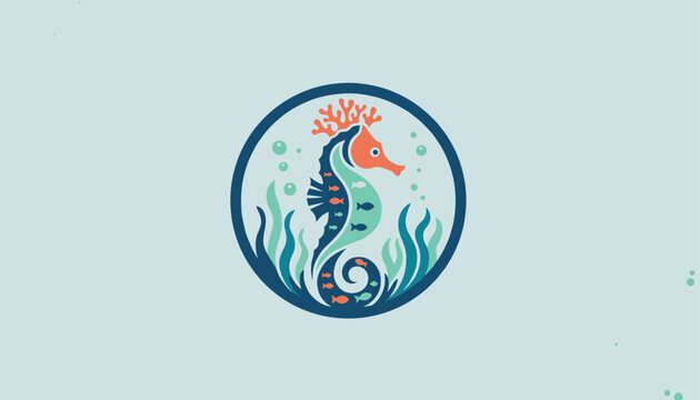 Sea horse illustration enclosed in a dark blue circle with underwater plants and tiny swimming fish in a coordinated blue color palette.
