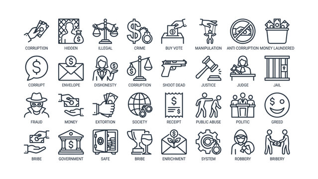 Collection of line art icons representing financial crime and dishonesty in society