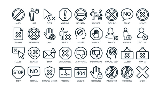 Collection of line art icons representing rejection prohibition and access denial concepts