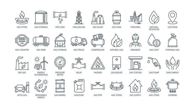 Collection of line art icons representing various aspects of gas industry and energy resources
