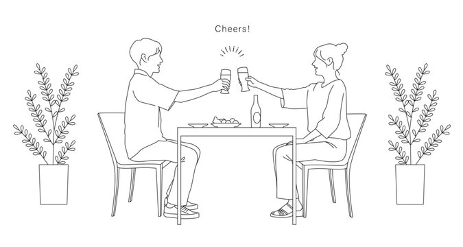 乾杯している男女の線画イラスト素材 ベクター お酒 ビール 家飲み 食事 白背景