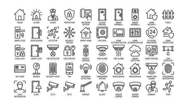 Collection of line icons representing security systems and home automation technology services