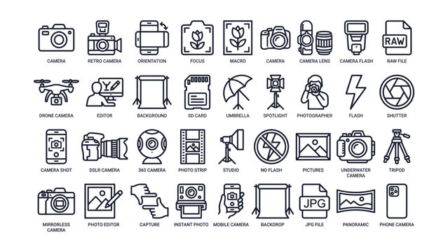 Collection of photography related icons including cameras lenses lighting and editing tools