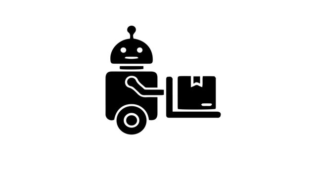 Robot, delivery bot, package delivery, logistics icon, black vector symbol