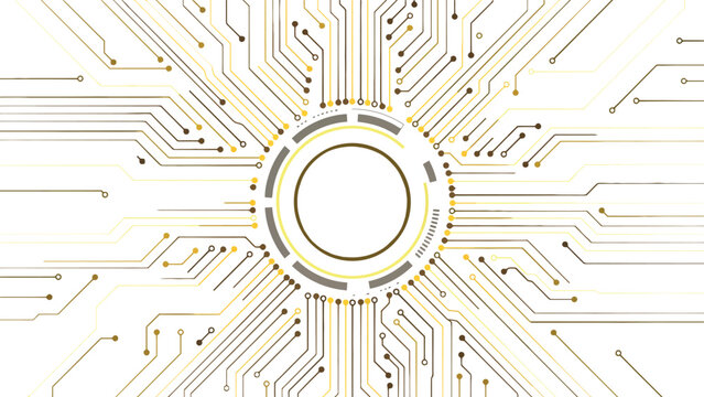 The circuit board design displays a round center with radiating vector lines.
